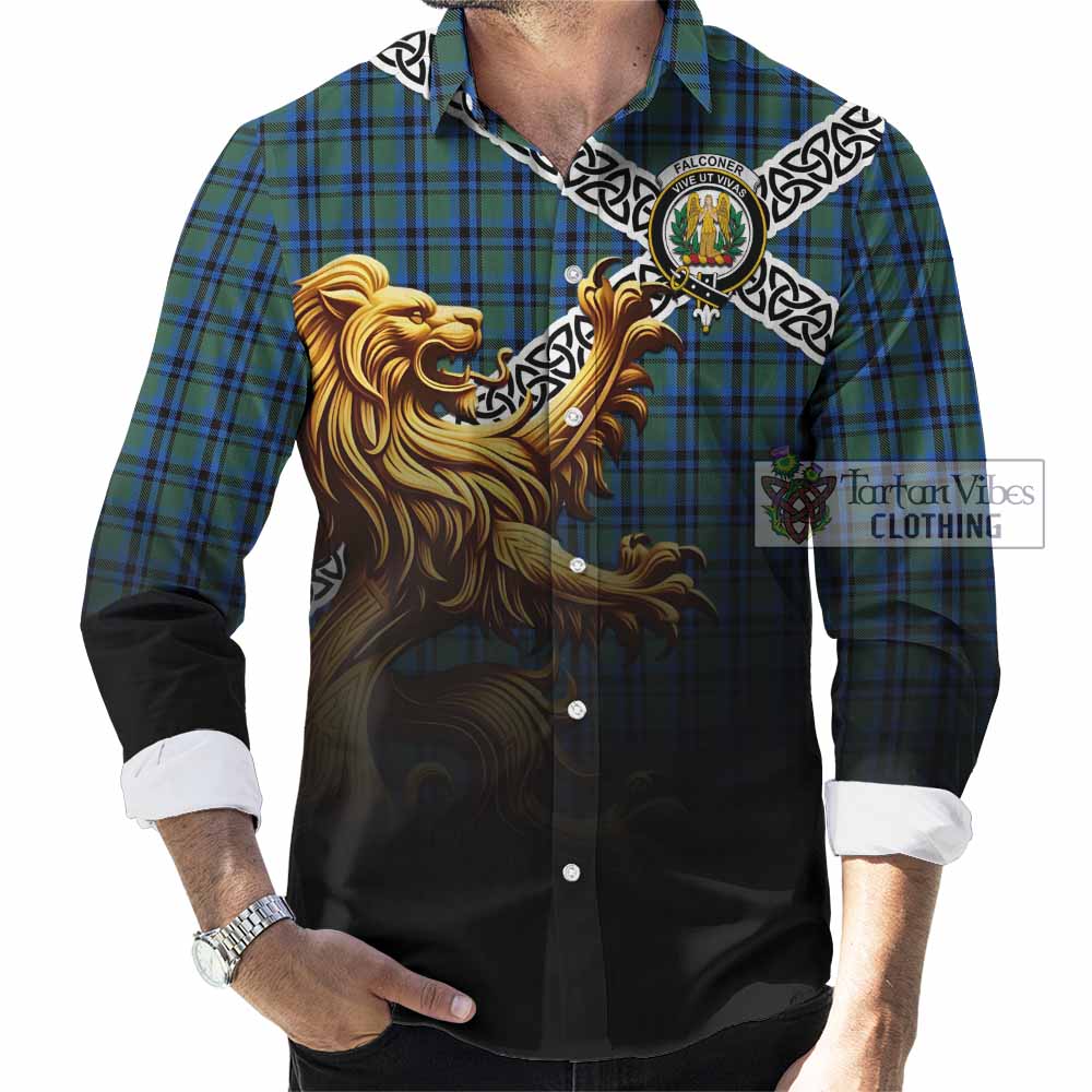 Falconer Crest Tartan Long Sleeve Button Shirt with Golden Lion Emblem Celtic Style - Tartan Vibes Clothing