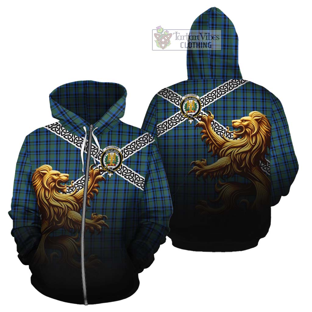 Falconer Crest Tartan Cotton Hoodie with Golden Lion Emblem Celtic Style Zip Hoodie - Tartan Vibes Clothing