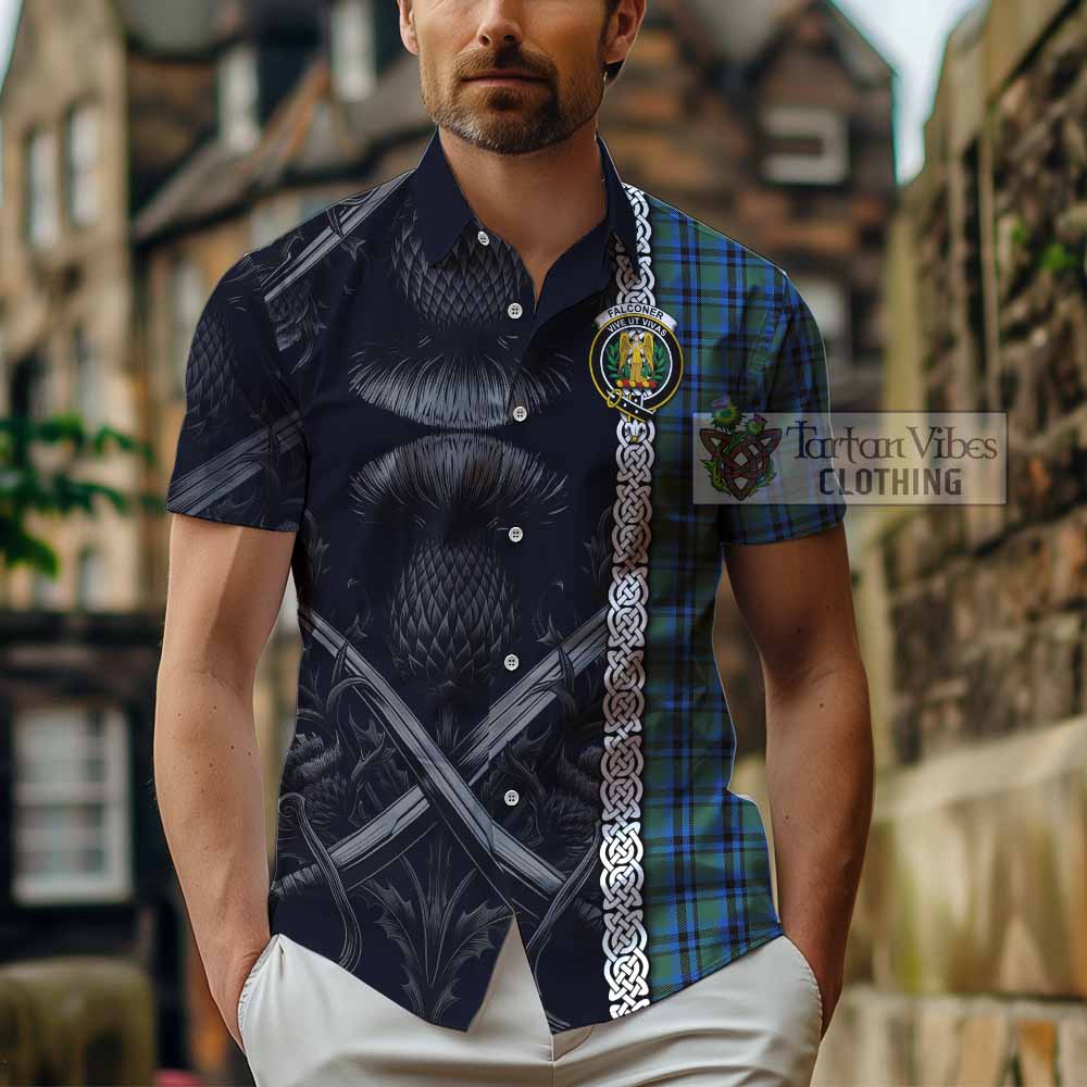 Falconer Tartan Hawaiian Shirt with Family Crest Cross Sword Thistle Celtic Vibes - Tartan Vibes Clothing