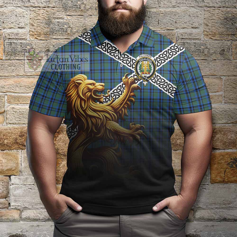 Falconer Crest Tartan Polo Shirt with Golden Lion Emblem Celtic Style - Tartan Vibes Clothing