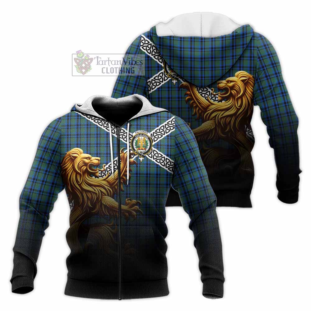 Falconer Crest Tartan Knitted Hoodie with Golden Lion Emblem Celtic Style Unisex Knitted Zip Hoodie - Tartan Vibes Clothing