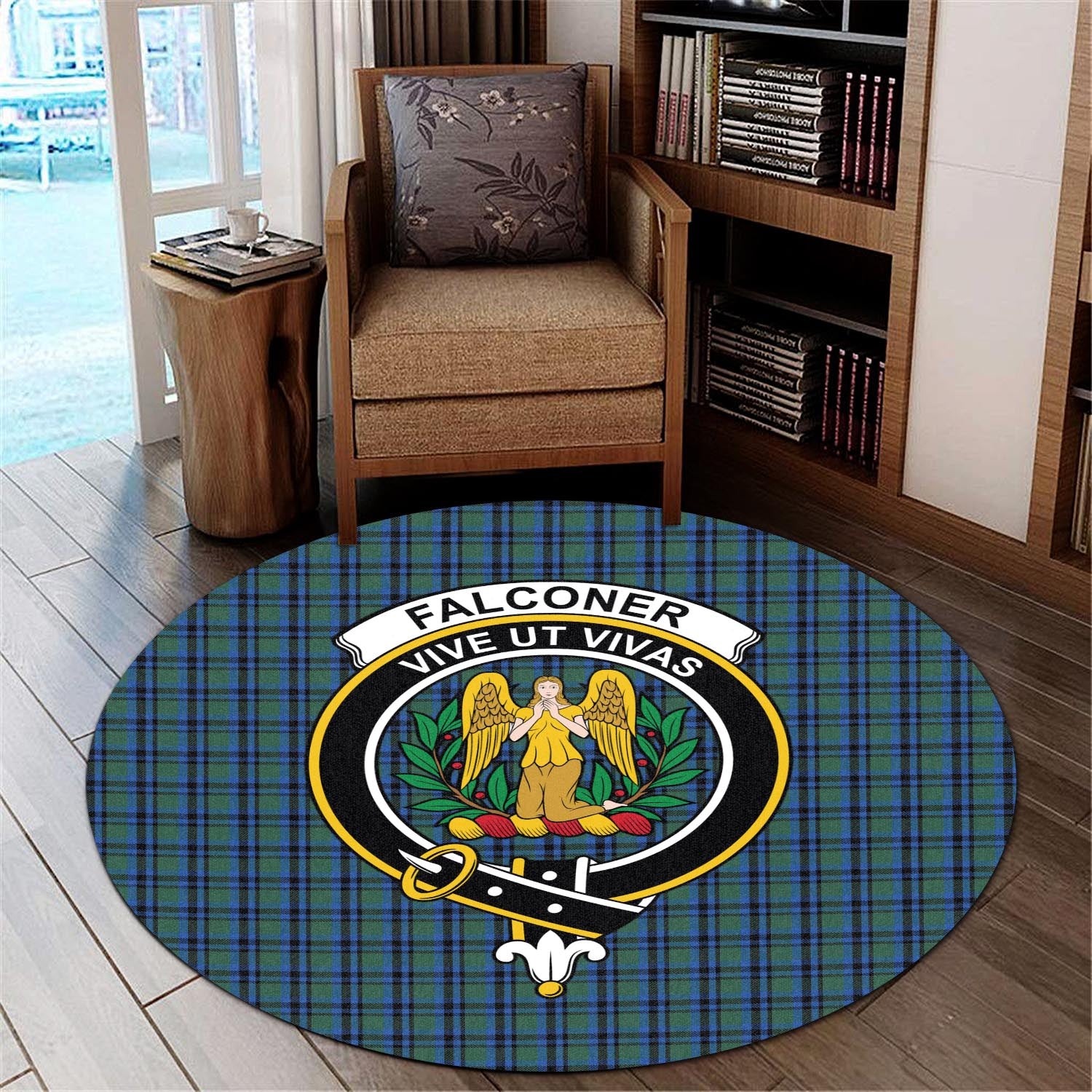 Falconer Tartan Round Rug with Family Crest - Tartan Vibes Clothing