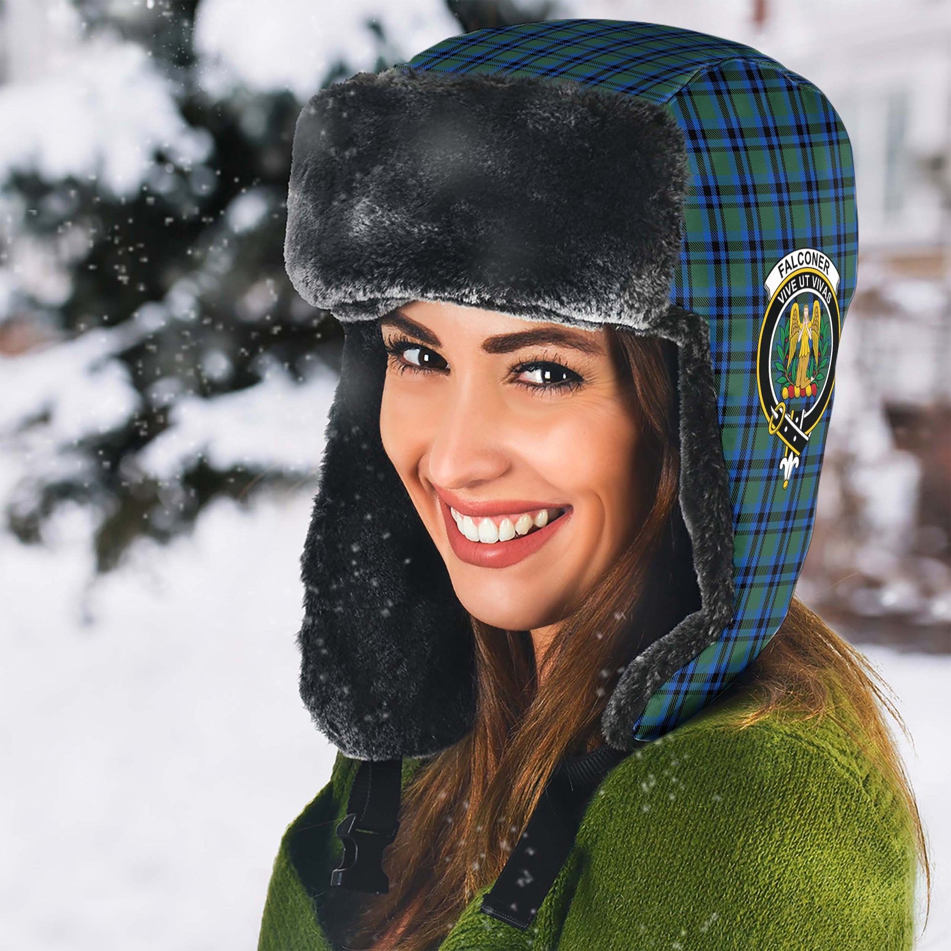 Falconer Tartan Winter Trapper Hat with Family Crest - Tartan Vibes Clothing