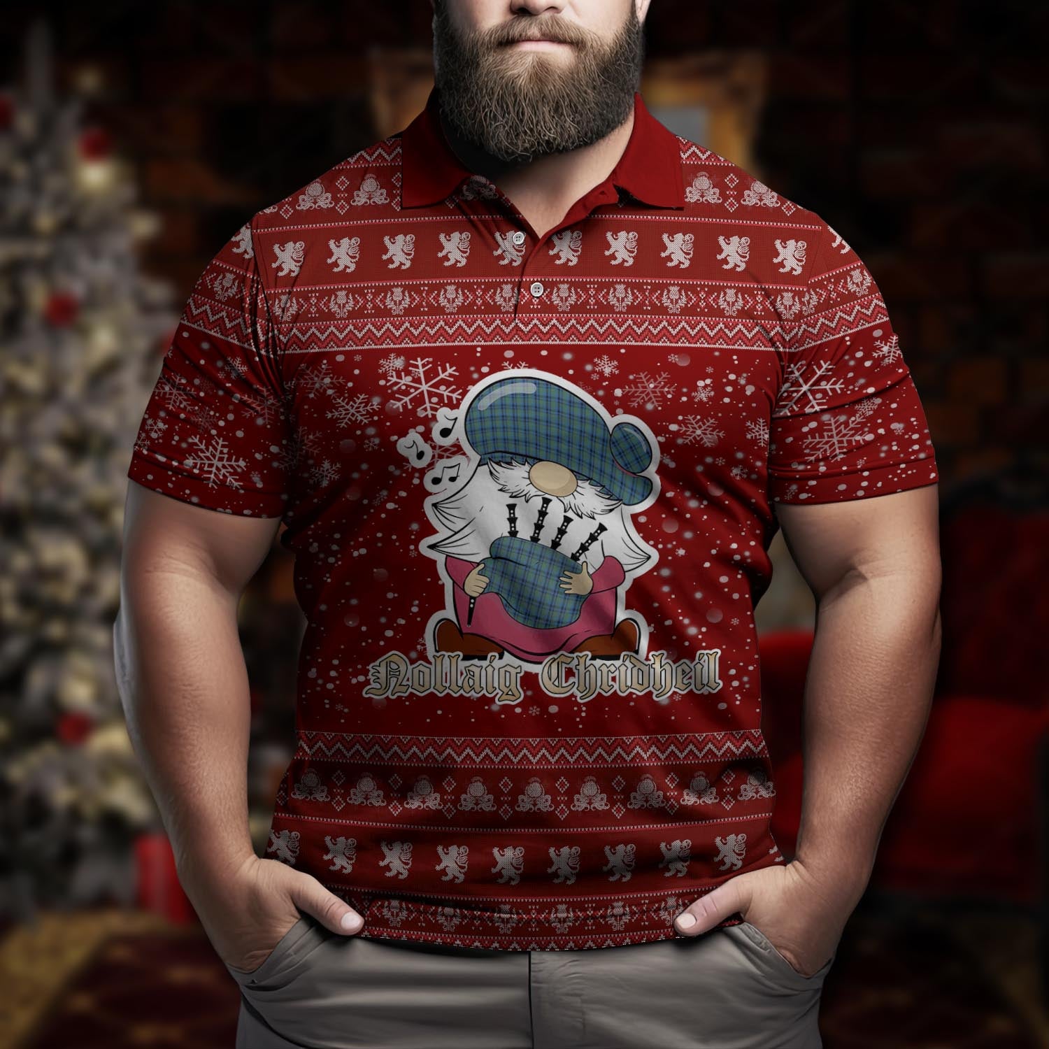 Falconer Clan Christmas Family Polo Shirt with Funny Gnome Playing Bagpipes Men's Polo Shirt Red - Tartanvibesclothing