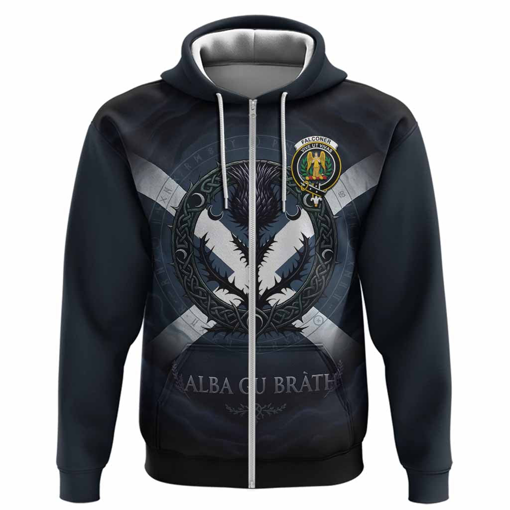 Falconer Clan Crest Hoodie with Celtic Knot Thistle and Saltire
