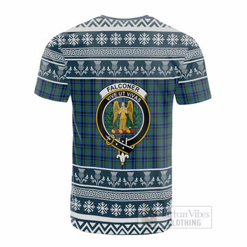 Falconer Clan Tartan Christmas Cotton T-shirt with Family Crest - Tartan Vibes Clothing