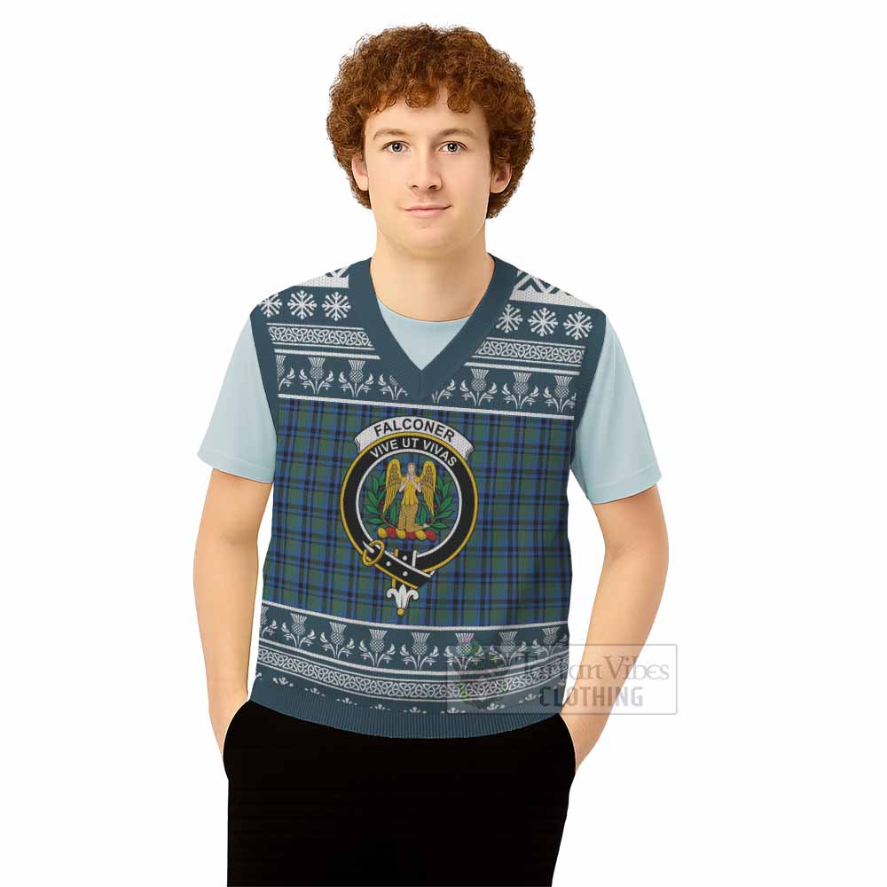 Falconer Clan Tartan Christmas Knitted V-Neck Vest with Family Crest - Tartan Vibes Clothing