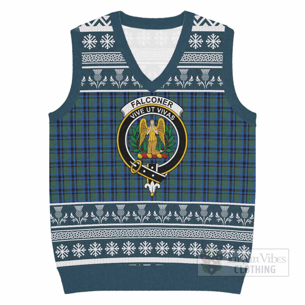 Falconer Clan Tartan Christmas Knitted V-Neck Vest with Family Crest - Tartan Vibes Clothing