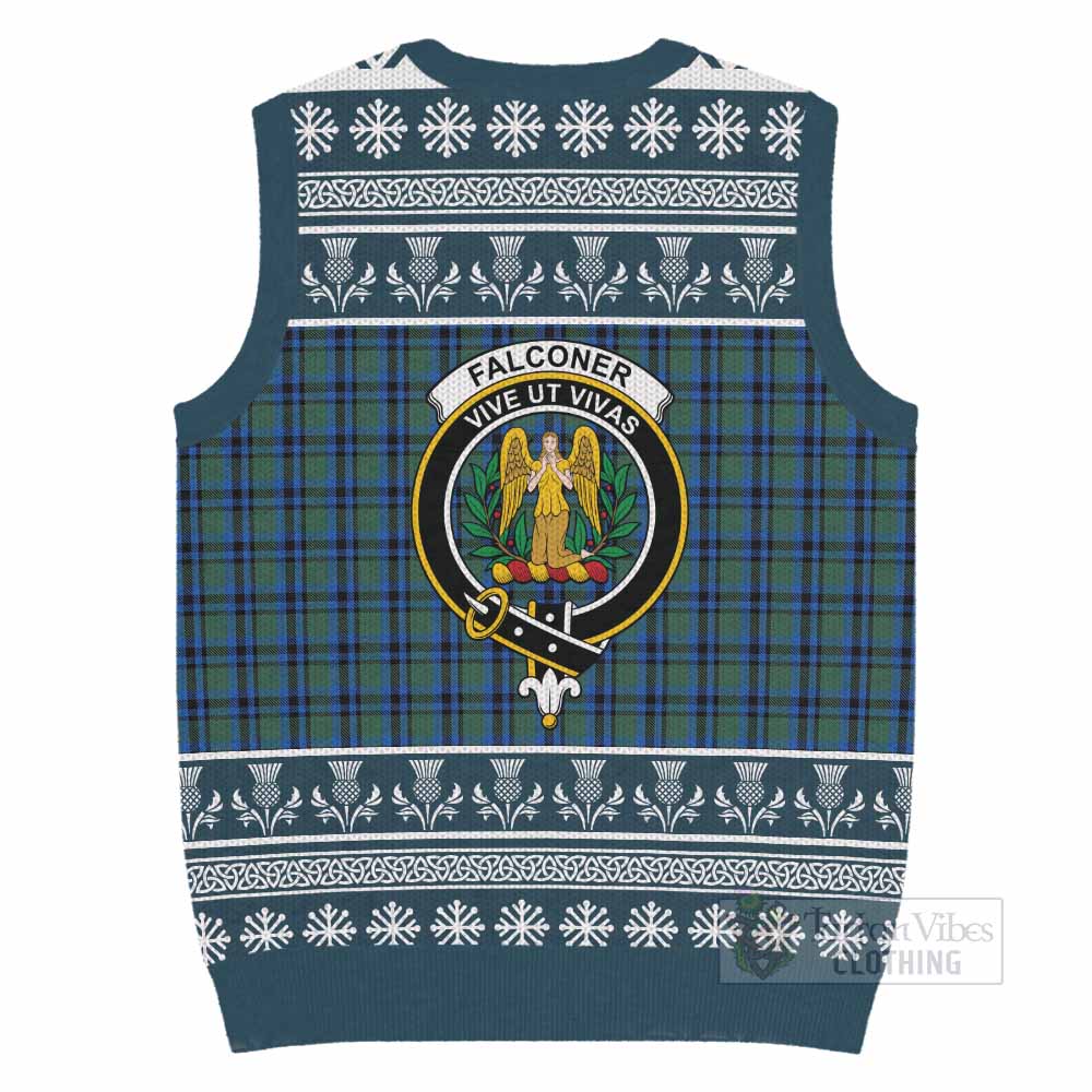 Falconer Clan Tartan Christmas Knitted V-Neck Vest with Family Crest - Tartan Vibes Clothing