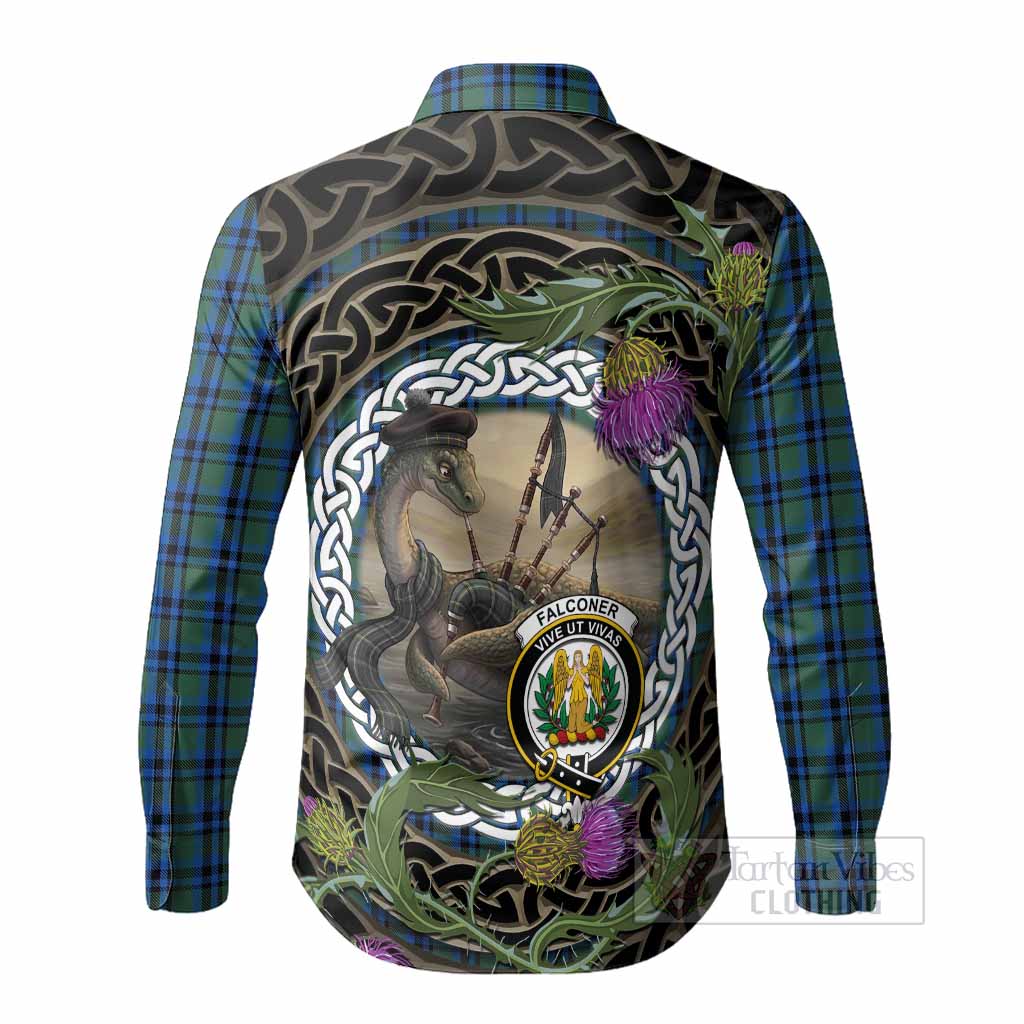 Falconer Tartan Crest Bagpipe Nessie Long Sleeve Button Shirts Scottish Loch Ness Monster Celtic Thistle