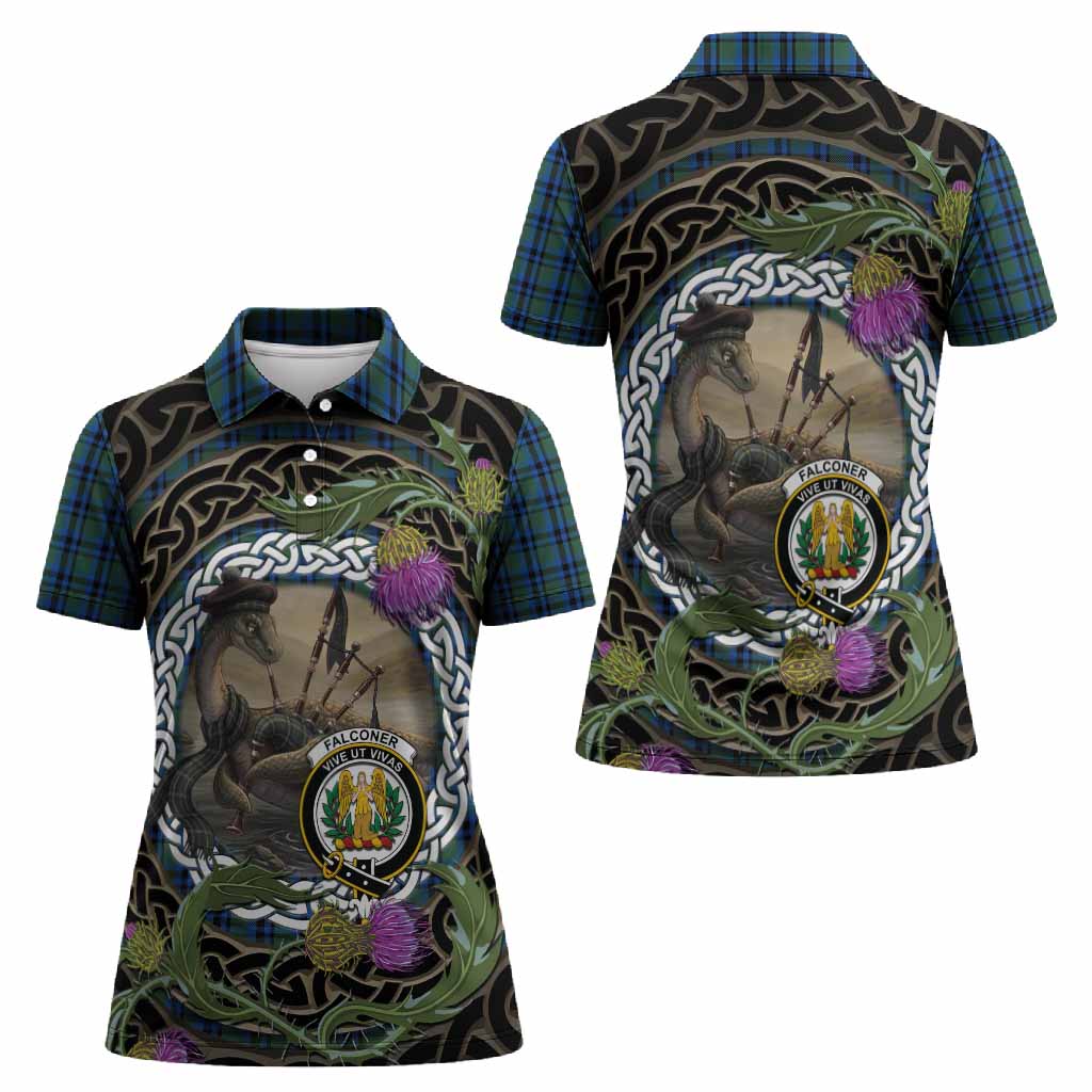 Falconer Tartan Crest Bagpipe Nessie Women Polo Shirt Scottish Loch Ness Monster Celtic Thistle