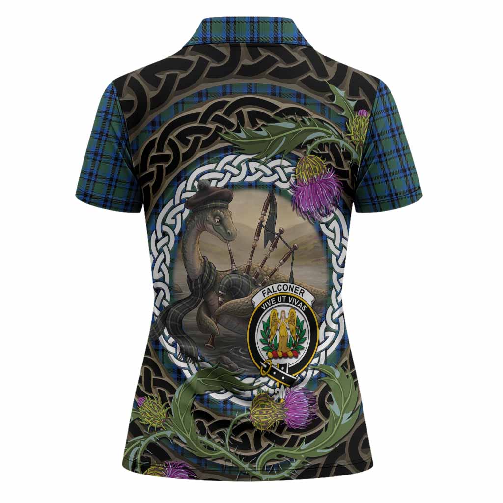 Falconer Tartan Crest Bagpipe Nessie Women Polo Shirt Scottish Loch Ness Monster Celtic Thistle