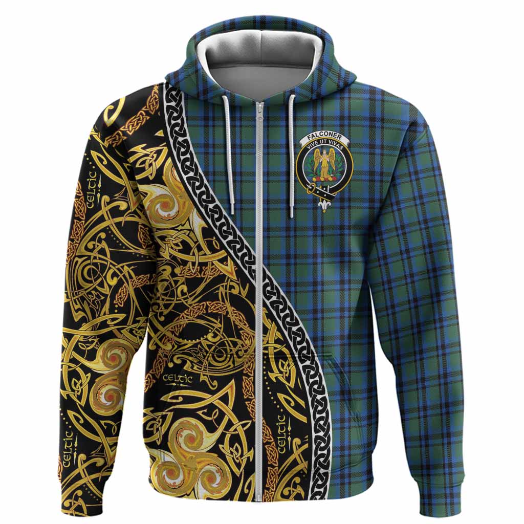 Falconer Tartan Crest Hoodie Celtic Knot and Triple Trickle Spiral Symbols