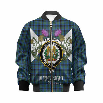 Falconer Tartan Family Crest Kid Bomber Jacket Scottish Burns Night Thistle Floral