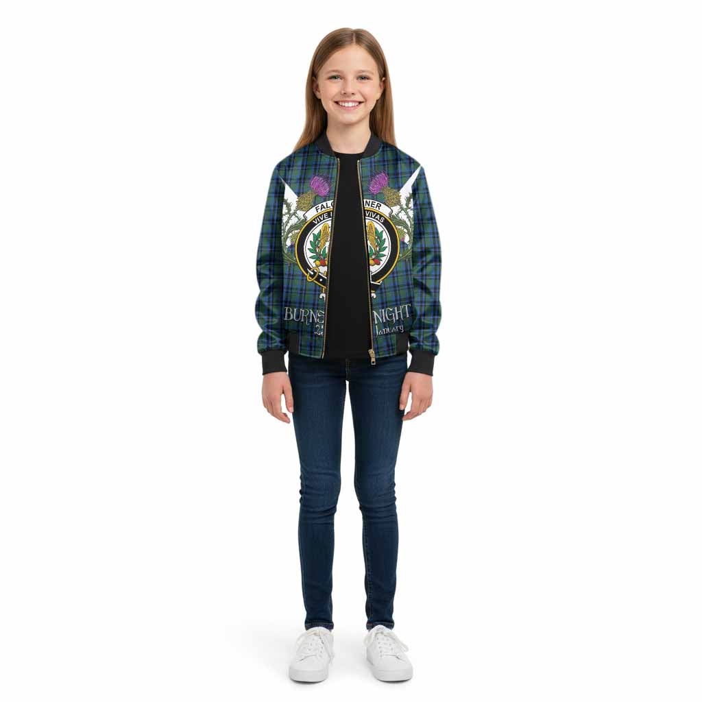 Falconer Tartan Family Crest Kid Bomber Jacket Scottish Burns Night Thistle Floral