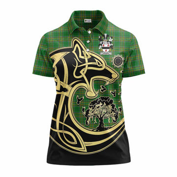 Farmer Irish Tartan Women's Polo Shirt with Coat of Arms Celtic Wolf Style Women - Tartan Vibes Clothing