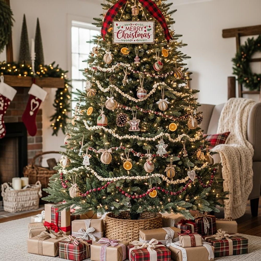 Farmhouse-style Christmas tree decorated with natural ornaments, plaid ribbons, dried orange slices, and warm string lights for a cozy rustic look.