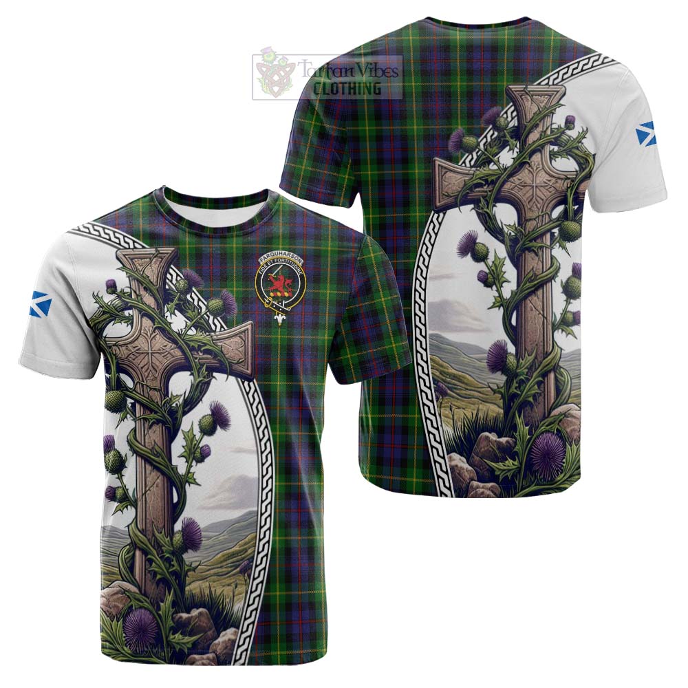 Tartan Vibes Clothing Farquharson Tartan Cotton T-shirt with Family Crest and St. Andrew's Cross Accented by Thistle Vines