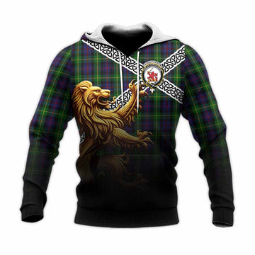 Farquharson Crest Tartan Knitted Hoodie with Golden Lion Emblem Celtic Style