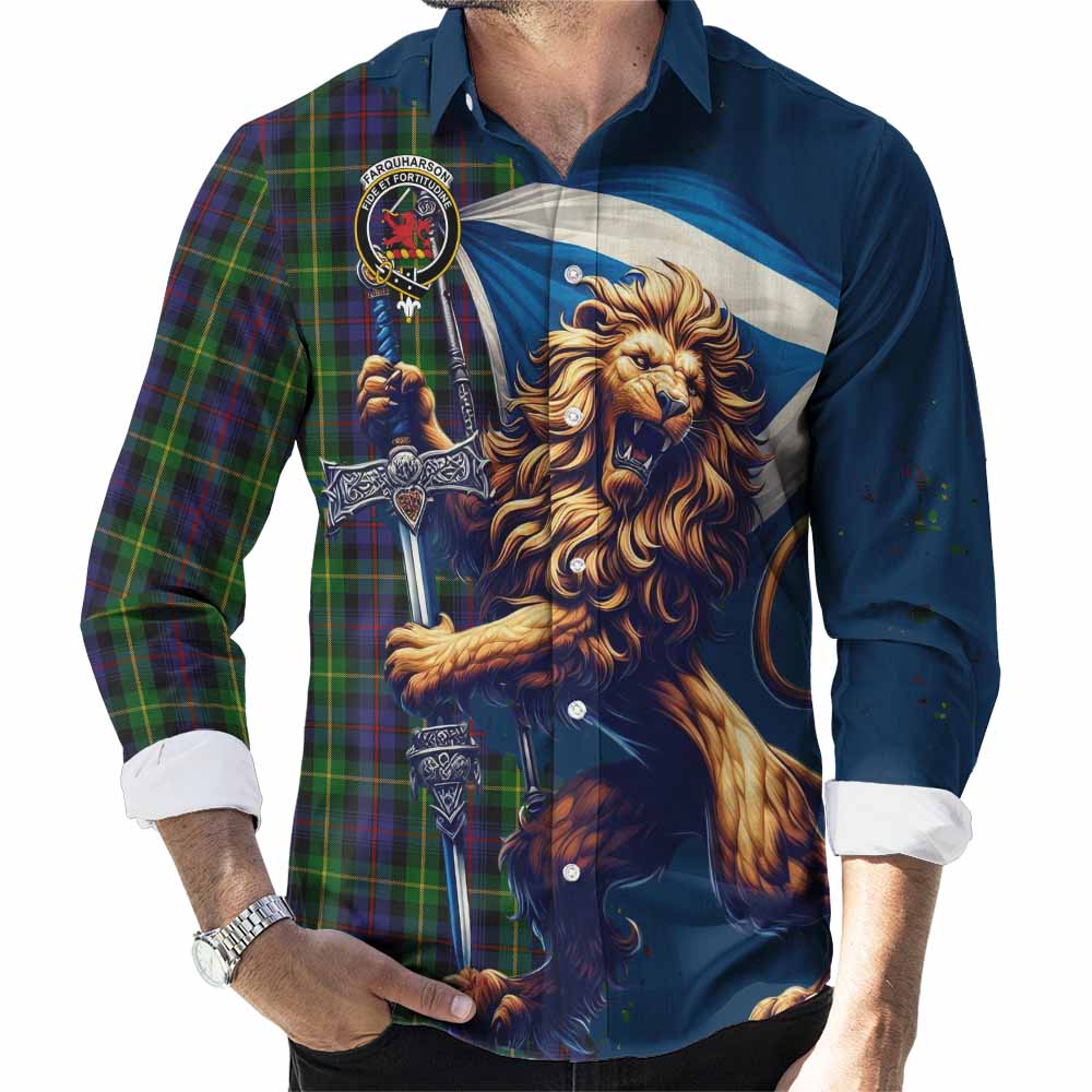 Tartan Vibes Clothing Farquharson Tartan Family Crest Long Sleeve Button Shirt with Scottish Majestic Lion
