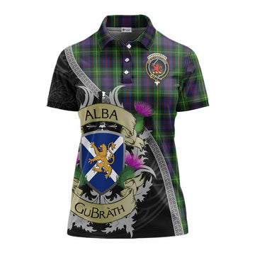 Farquharson Tartan Family Crest Women's Polo Shirt Lion Rampant Royal Thistle Shield Celtic Inspired
