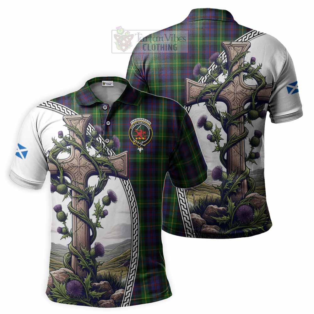 Tartan Vibes Clothing Farquharson Tartan Polo Shirt with Family Crest and St. Andrew's Cross Accented by Thistle Vines