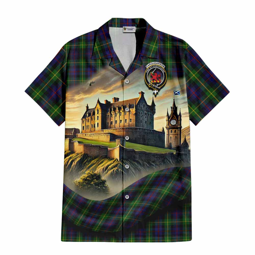 Tartan Vibes Clothing Farquharson Tartan Family Crest Short Sleeve Button Shirt with Scottish Ancient Castle Style