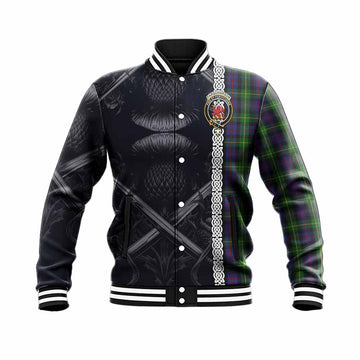 Tartan Vibes Clothing Farquharson Tartan Baseball Jacket with Family Crest Cross Sword Thistle Celtic Vibes