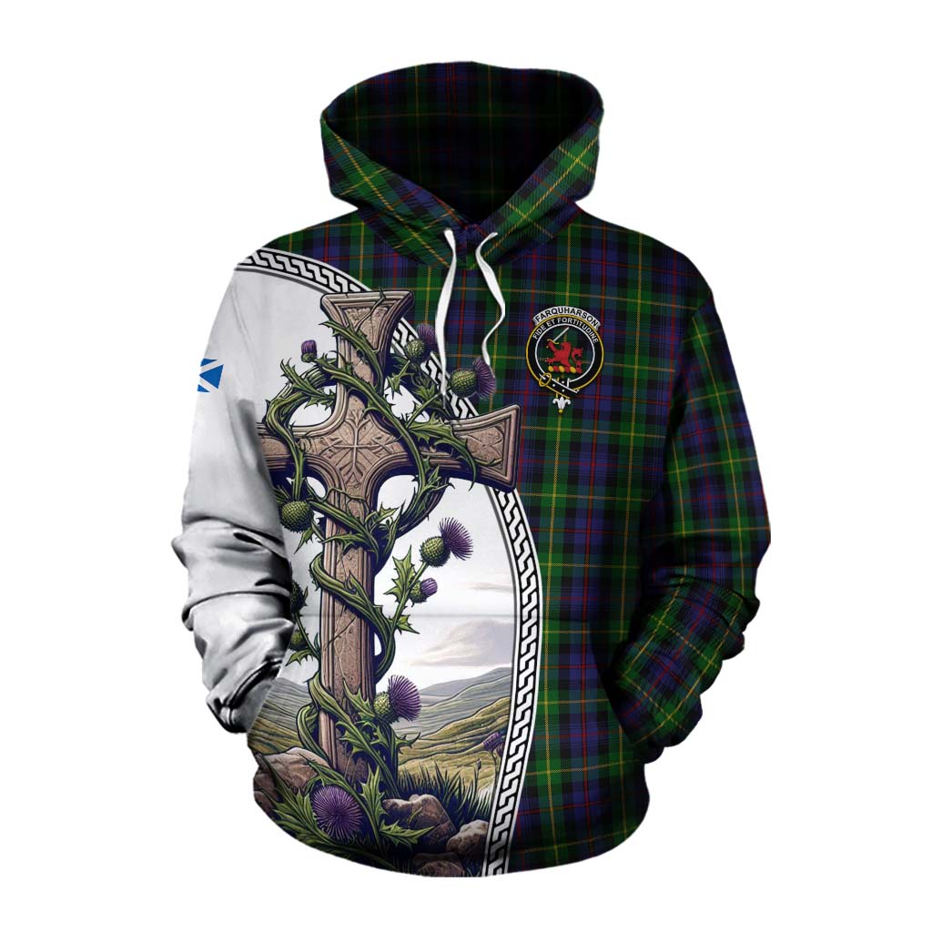 Tartan Vibes Clothing Farquharson Tartan Cotton Hoodie with Family Crest and St. Andrew's Cross Accented by Thistle Vines