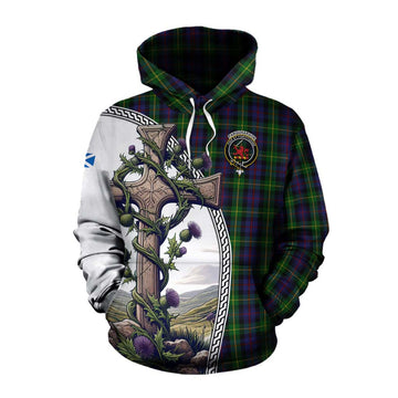 Farquharson Tartan Cotton Hoodie with Family Crest and St. Andrew's Cross Accented by Thistle Vines