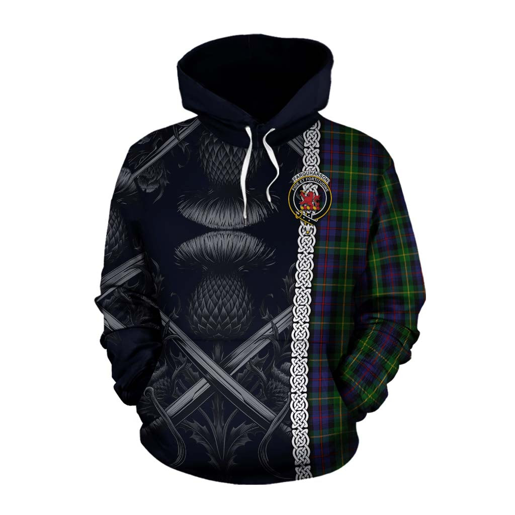 Tartan Vibes Clothing Farquharson Tartan Cotton Hoodie with Family Crest Cross Sword Thistle Celtic Vibes
