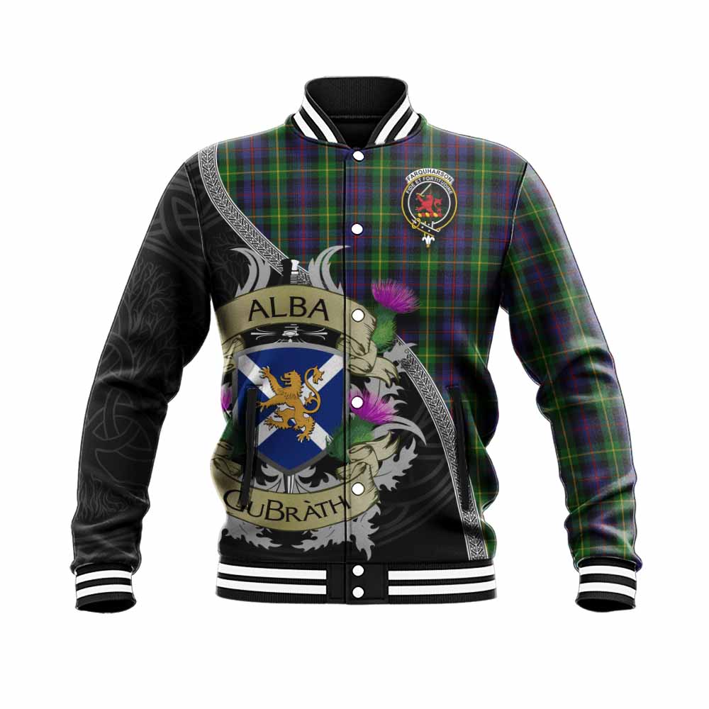 Tartan Vibes Clothing Farquharson Tartan Family Crest Baseball Jacket Lion Rampant Royal Thistle Shield Celtic Inspired