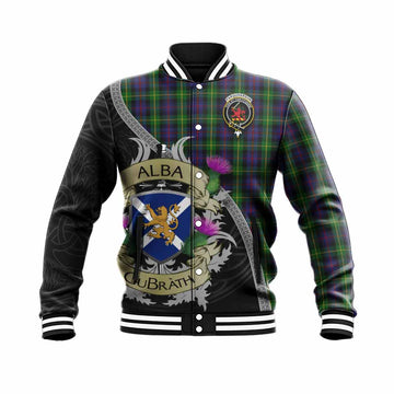 Tartan Vibes Clothing Farquharson Tartan Family Crest Baseball Jacket Lion Rampant Royal Thistle Shield Celtic Inspired