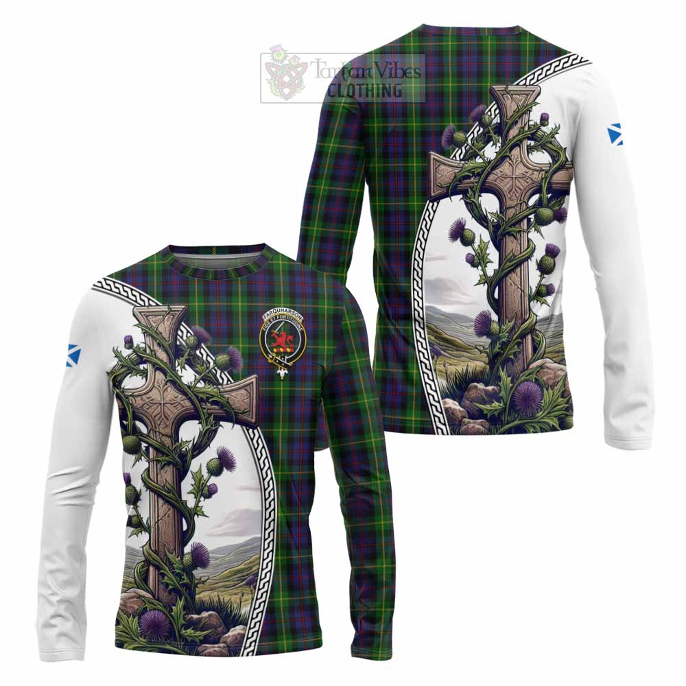 Tartan Vibes Clothing Farquharson Tartan Long Sleeve T-Shirt with Family Crest and St. Andrew's Cross Accented by Thistle Vines