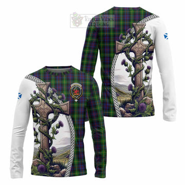 Tartan Vibes Clothing Farquharson Tartan Long Sleeve T-Shirt with Family Crest and St. Andrew's Cross Accented by Thistle Vines