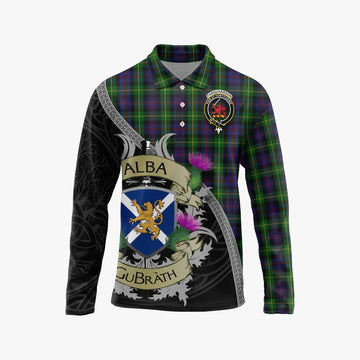 Farquharson Tartan Family Crest Long Sleeve Polo Shirt Lion Rampant Royal Thistle Shield Celtic Inspired