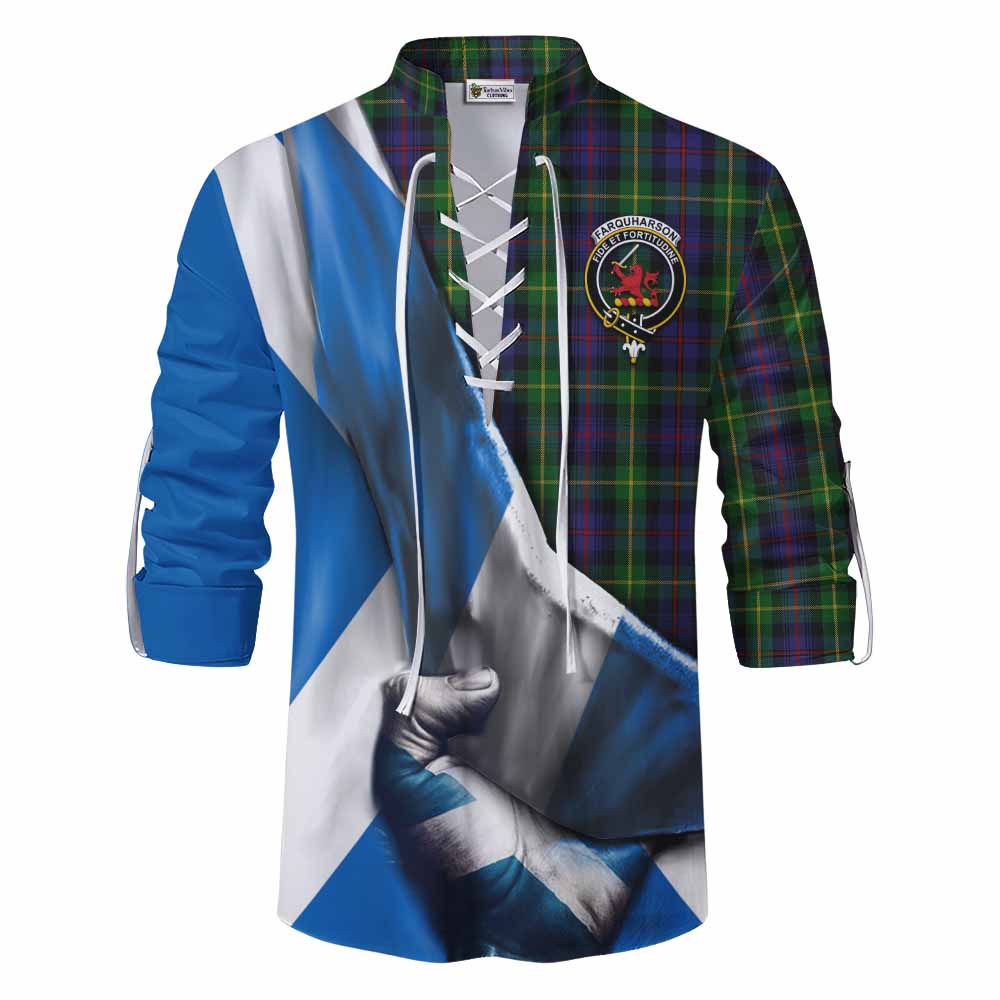 Tartan Vibes Clothing Farquharson Tartan Ghillie Kilt Shirt with Family Crest Scotland Patriotic Style