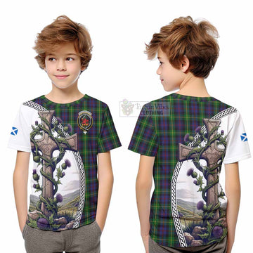 Tartan Vibes Clothing Farquharson Tartan Kid T-Shirt with Family Crest and St. Andrew's Cross Accented by Thistle Vines