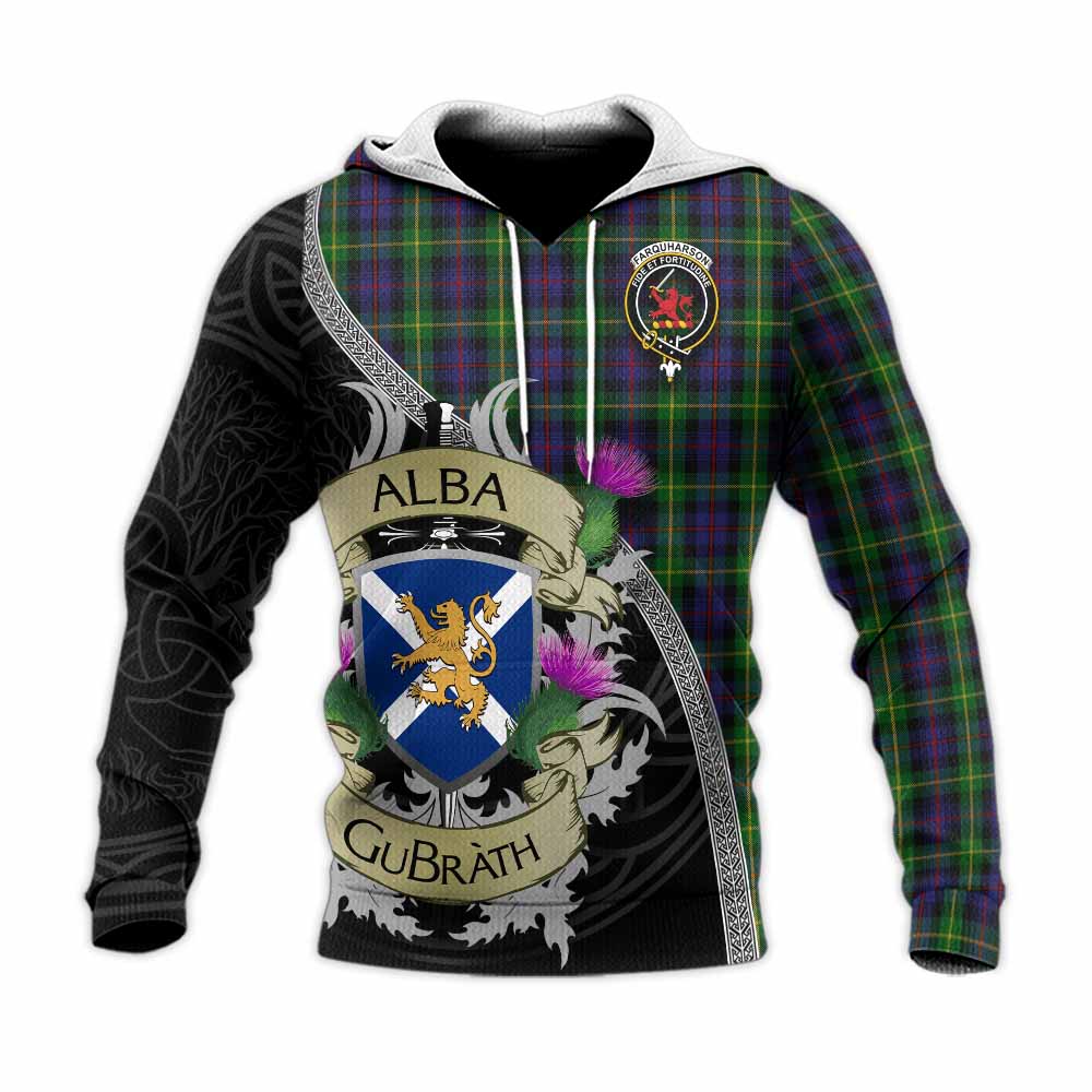 Tartan Vibes Clothing Farquharson Tartan Family Crest Knitted Hoodie Lion Rampant Royal Thistle Shield Celtic Inspired