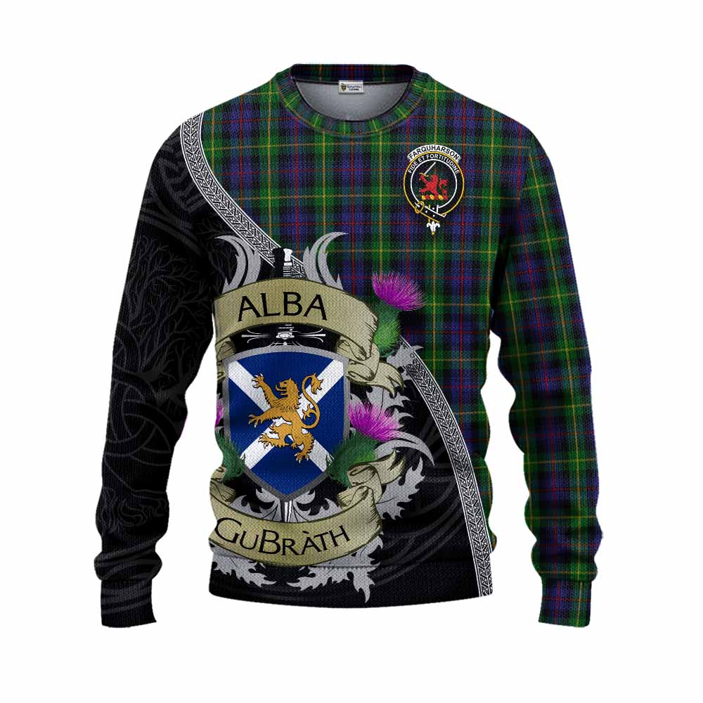 Tartan Vibes Clothing Farquharson Tartan Family Crest Knitted Sweater Lion Rampant Royal Thistle Shield Celtic Inspired