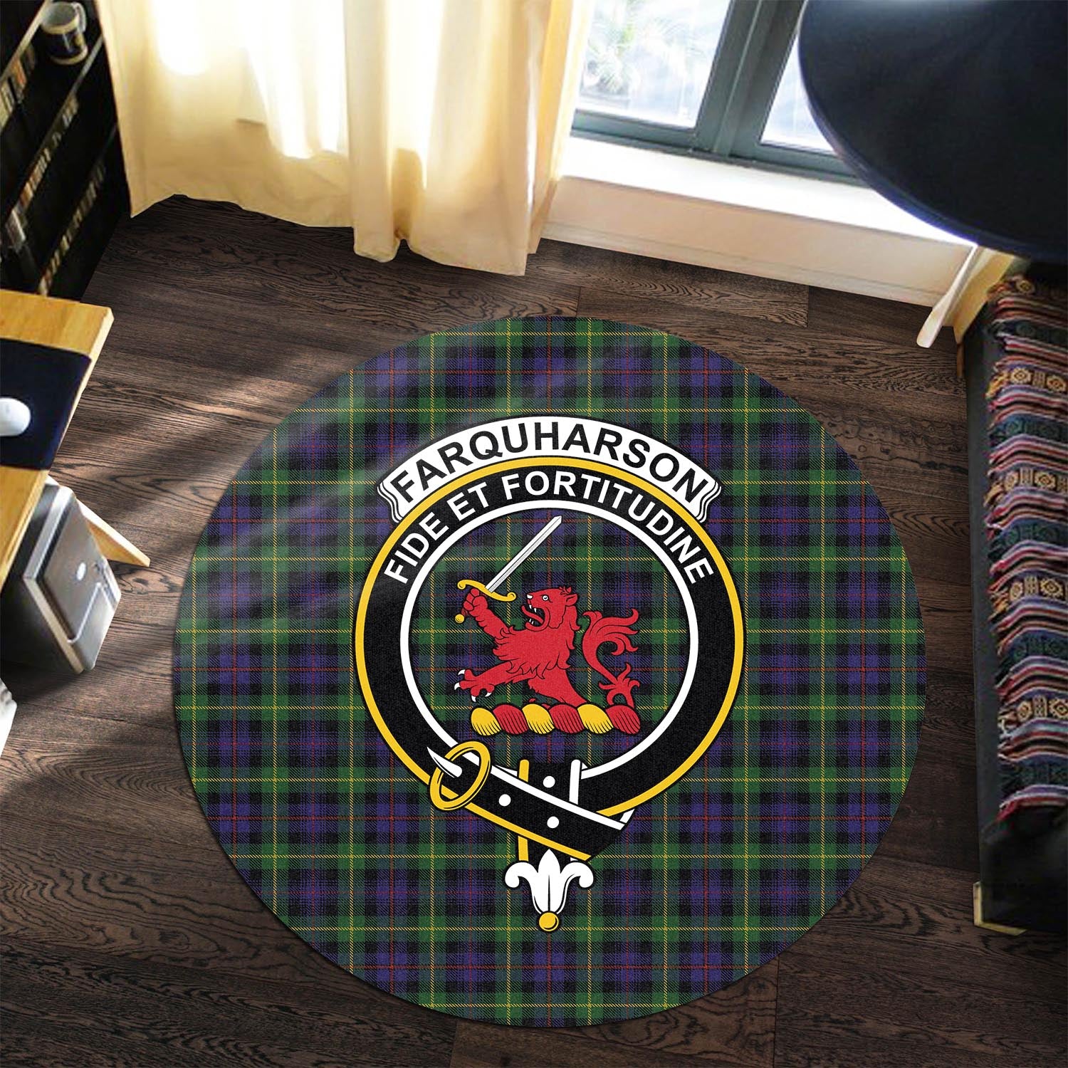 Farquharson Tartan Round Rug with Family Crest - Tartanvibesclothing