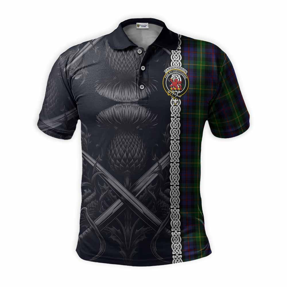 Tartan Vibes Clothing Farquharson Tartan Polo Shirt with Family Crest Cross Sword Thistle Celtic Vibes