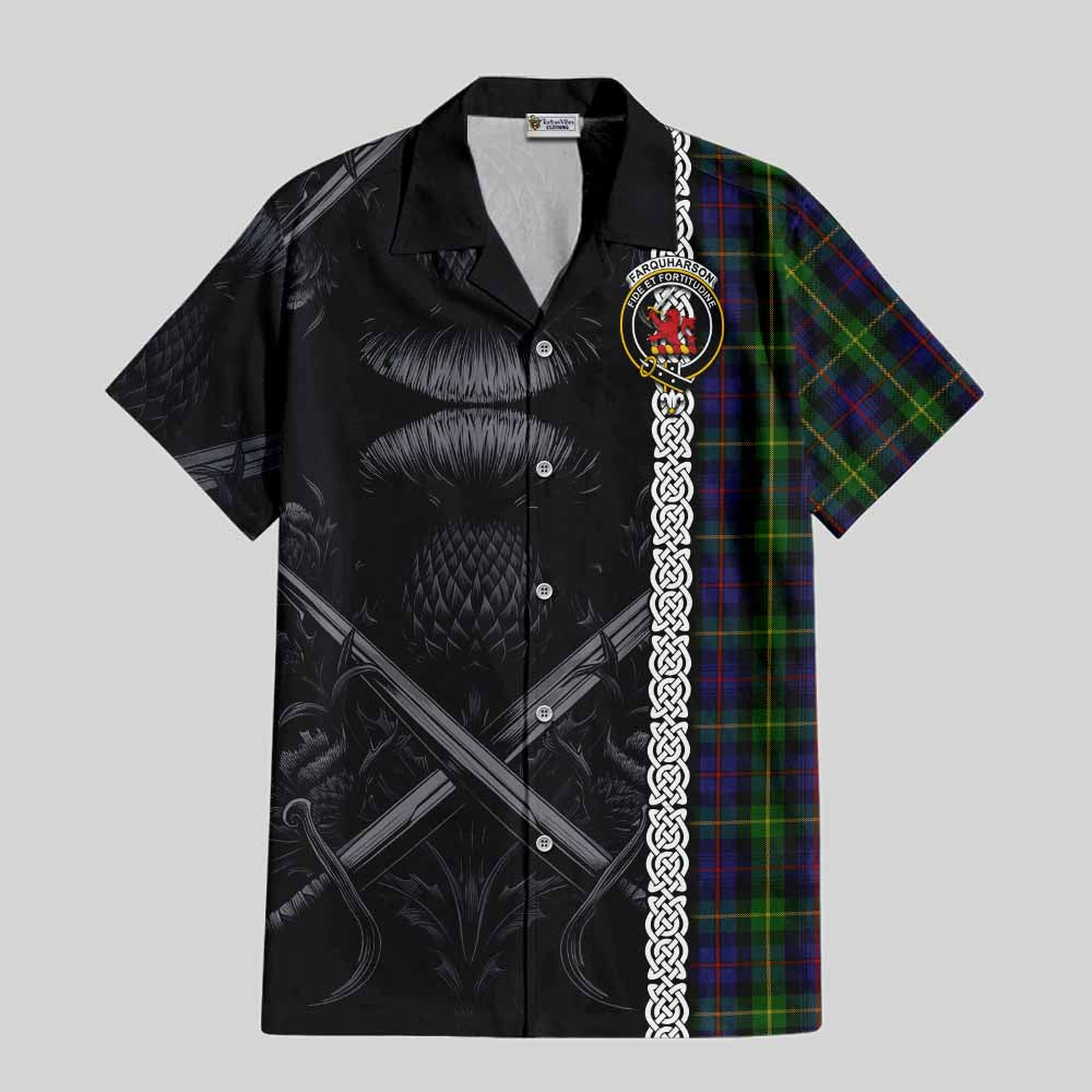 Tartan Vibes Clothing Farquharson Tartan Short Sleeve Button Shirt with Family Crest Cross Sword Thistle Celtic Vibes