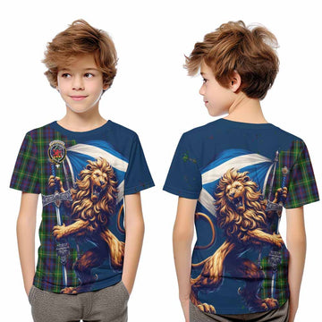 Farquharson Tartan Family Crest Kid T-Shirt with Scottish Majestic Lion