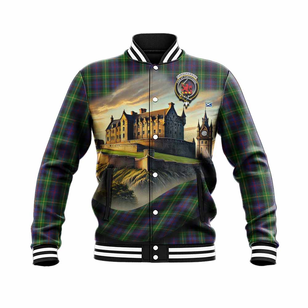 Tartan Vibes Clothing Farquharson Tartan Family Crest Baseball Jacket with Scottish Ancient Castle Style