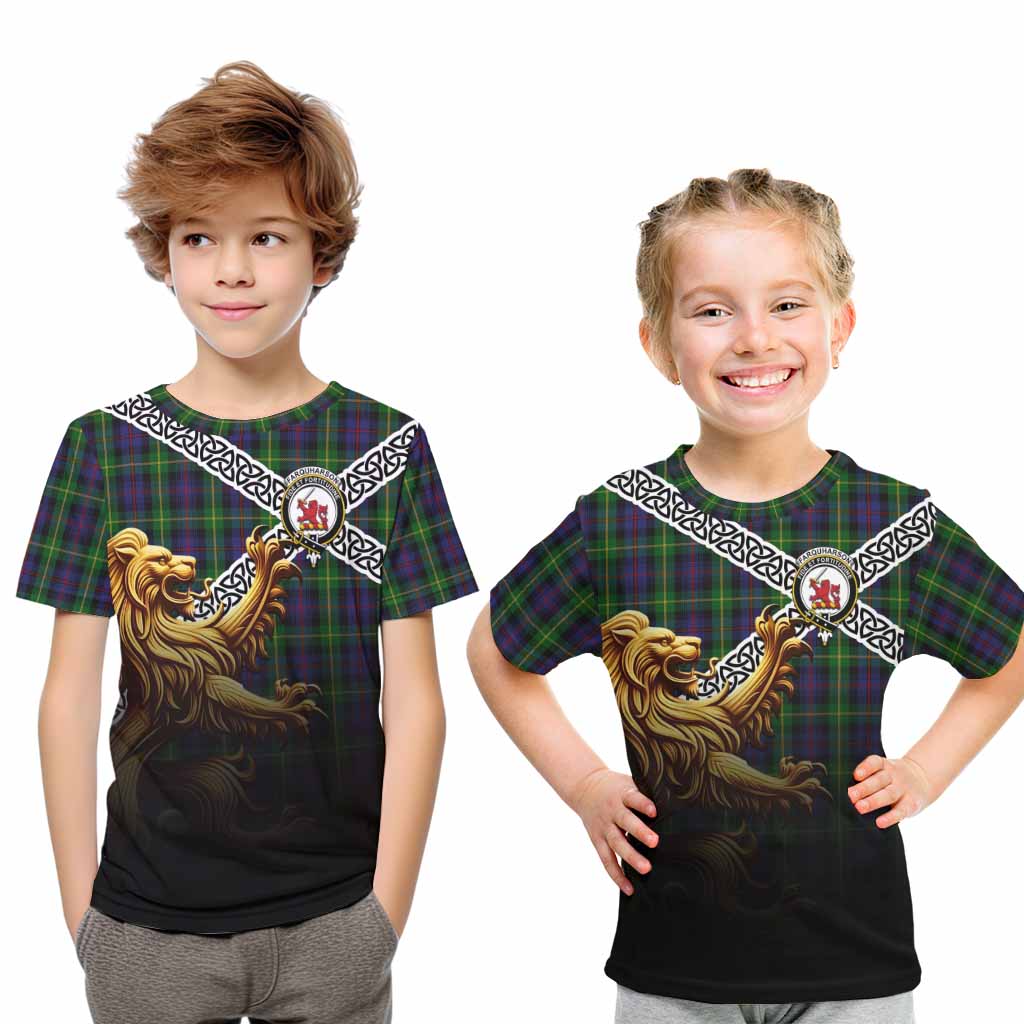 Tartan Vibes Clothing Farquharson Crest Tartan Kid T-Shirt with Golden Lion Emblem Celtic Style