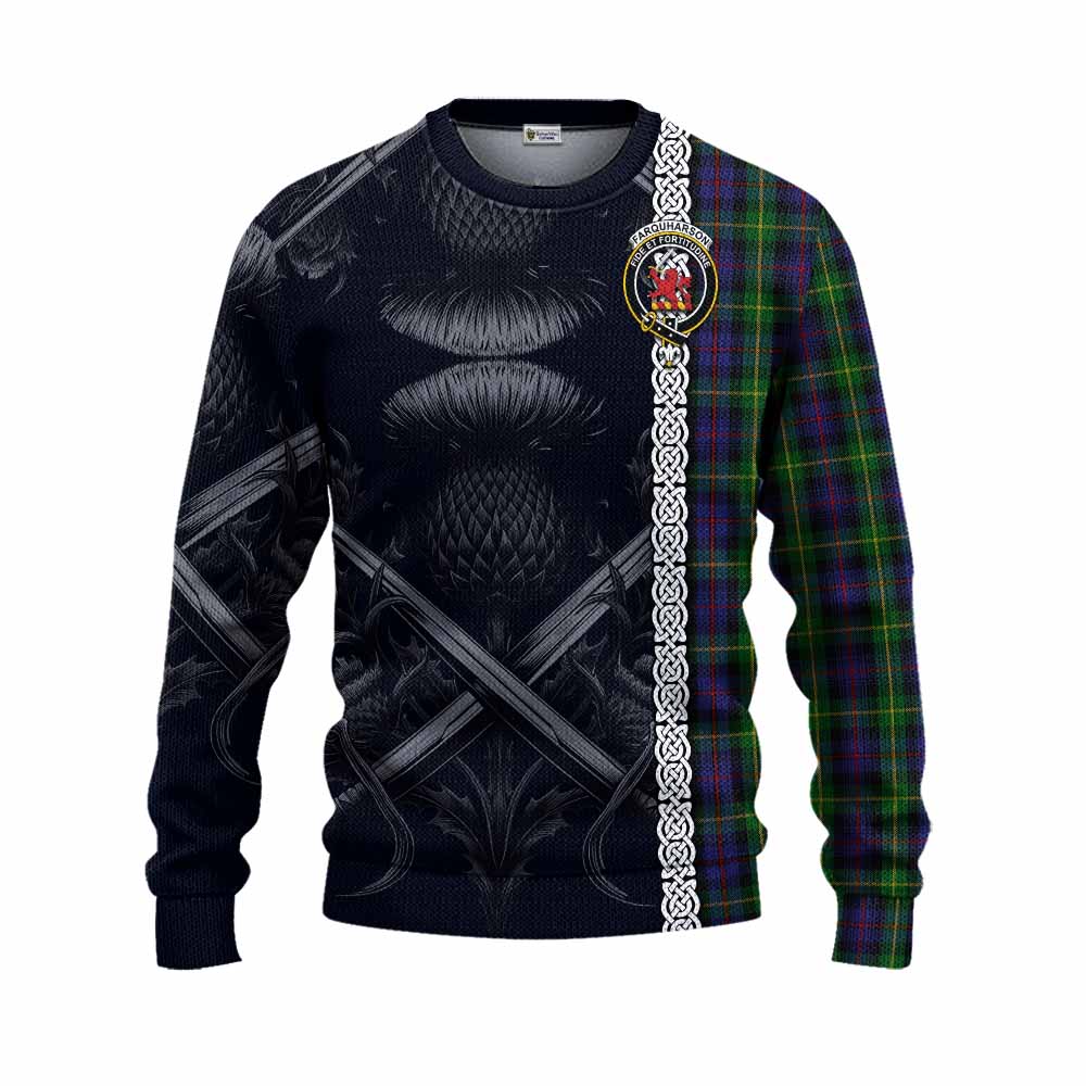 Tartan Vibes Clothing Farquharson Tartan Knitted Sweater with Family Crest Cross Sword Thistle Celtic Vibes