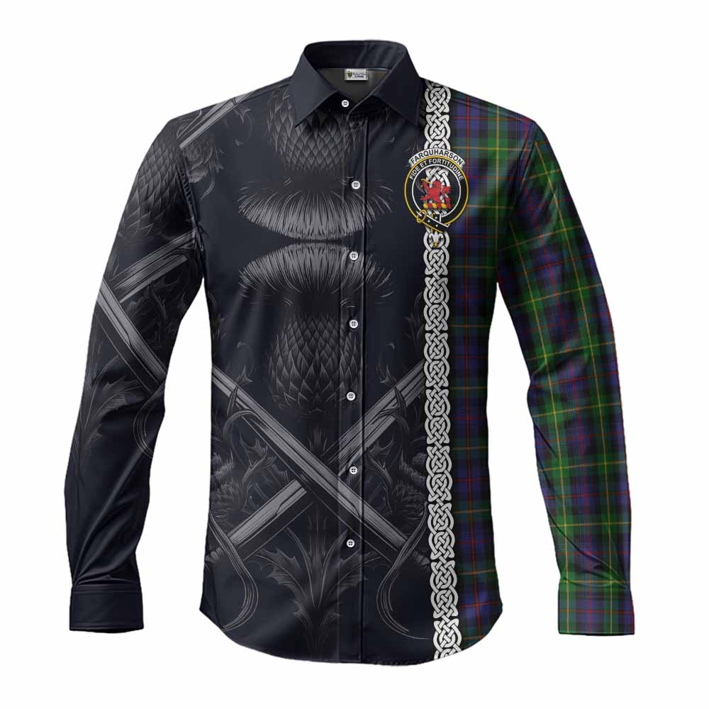 Tartan Vibes Clothing Farquharson Tartan Long Sleeve Button Shirt with Family Crest Cross Sword Thistle Celtic Vibes