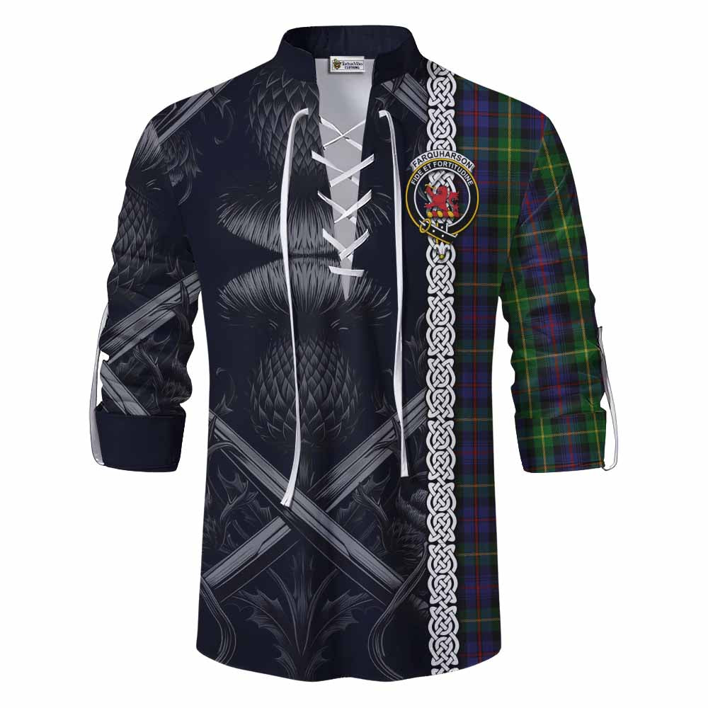 Tartan Vibes Clothing Farquharson Tartan Ghillie Kilt Shirt with Family Crest Cross Sword Thistle Celtic Vibes