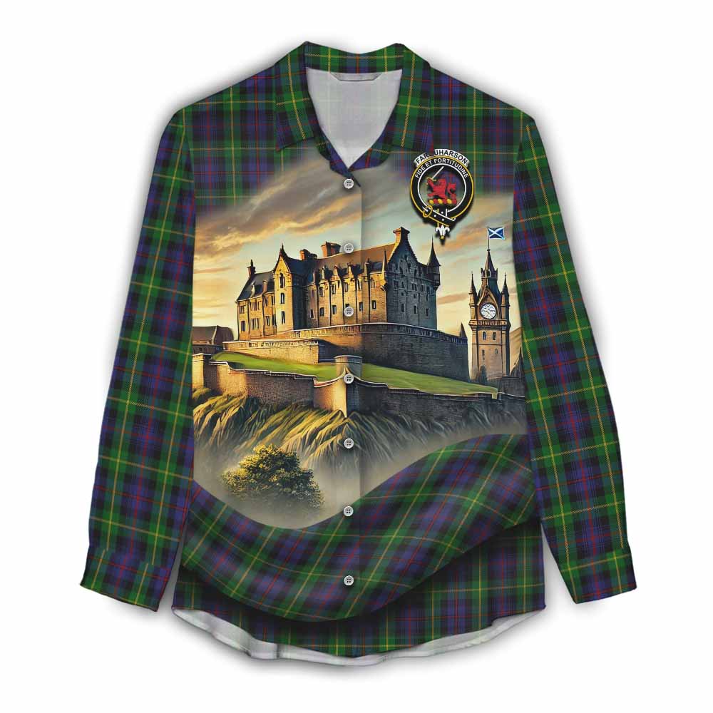 Tartan Vibes Clothing Farquharson Tartan Family Crest Women's Casual Shirt with Scottish Ancient Castle Style